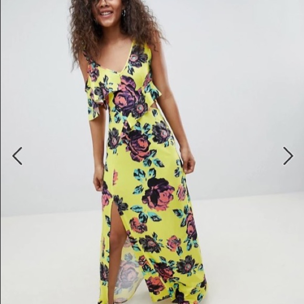 ASOS DESIGN Tall asymmetric ruffle maxi dress with cut out side in floral print